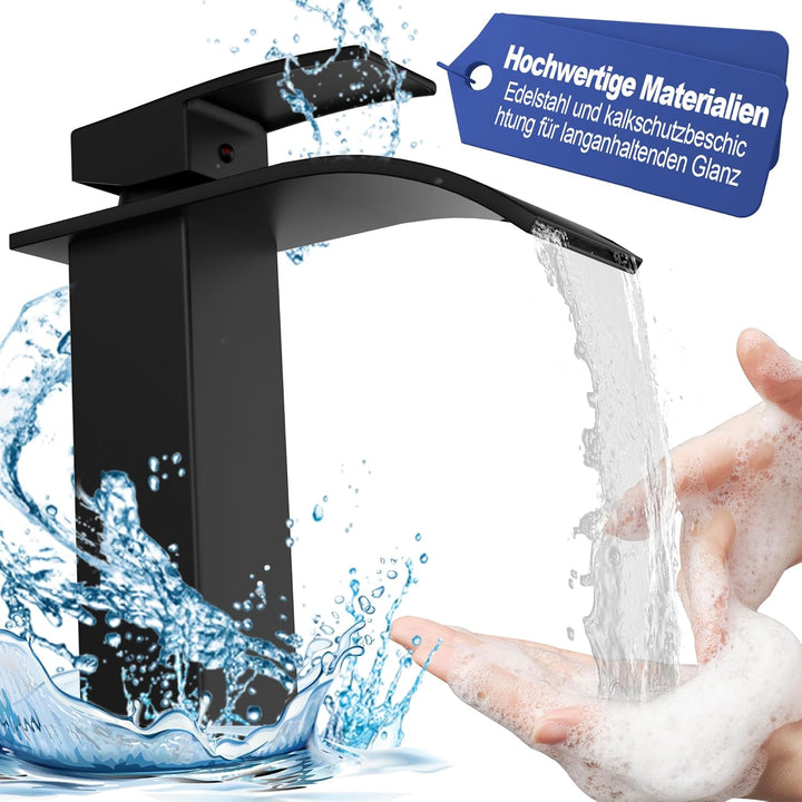 UISEBRT Wasserfall Wasserhahn Bad, Schwarz Waschtischarmatur Einhandmischer Armatur Waschbecken mit