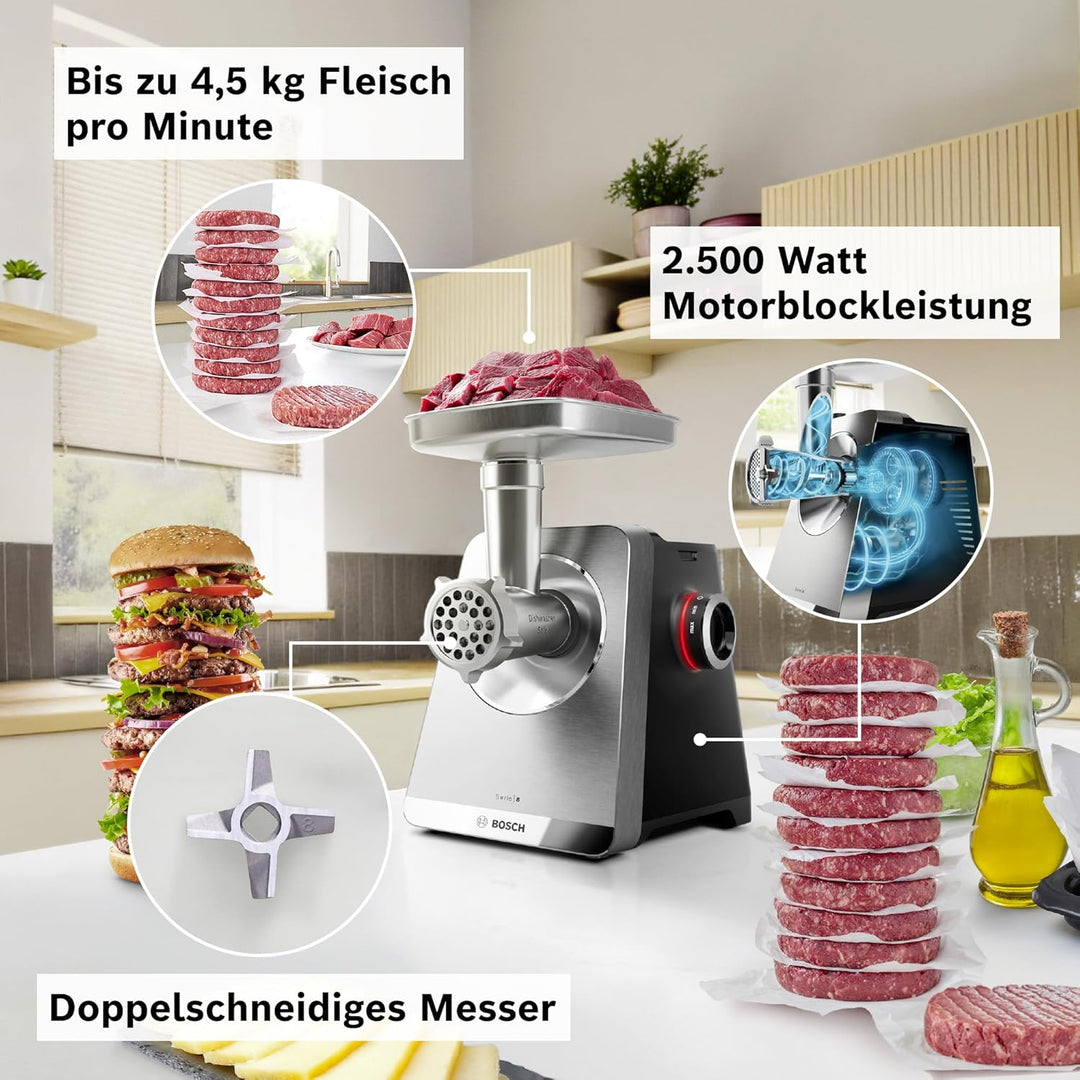 Bosch Fleischwolf Serie 8, 3 Lochscheiben (3/4,5 / 8mm), Edelstahl, spülmaschinenfest, Kebbe- & Wurs