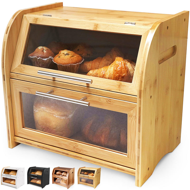 Arise Bambus Brotkasten mit Belüftung, Grosser Brotaufbewahrungsbehälter, 2 Regale und Sichtfenster,