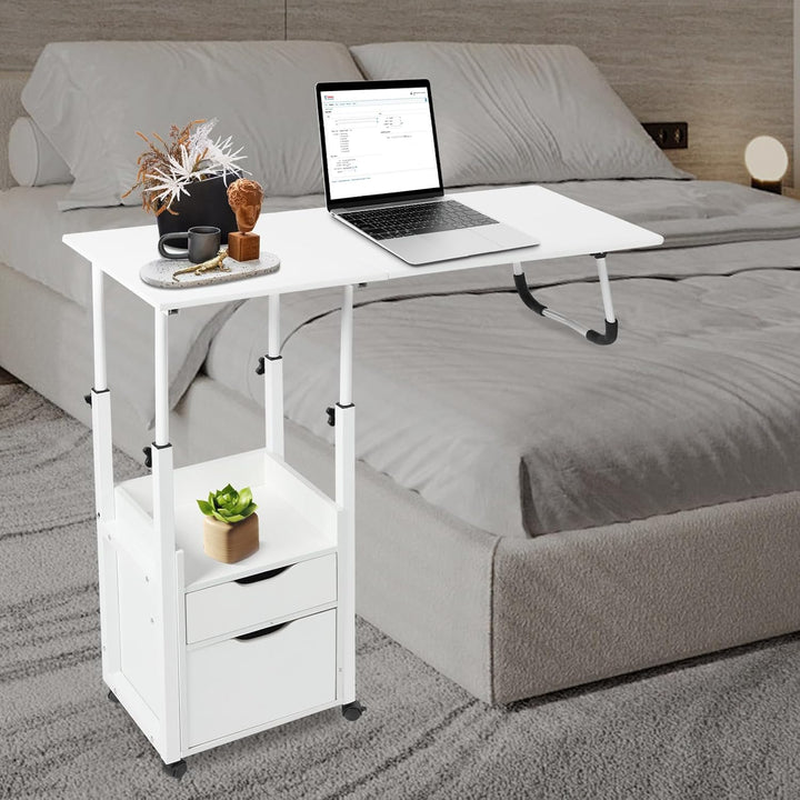 Betttisch mit Rollen und Bremse, Laptoptisch und klappbar, 2 Schubladen und Ablage, Beistelltisch fü