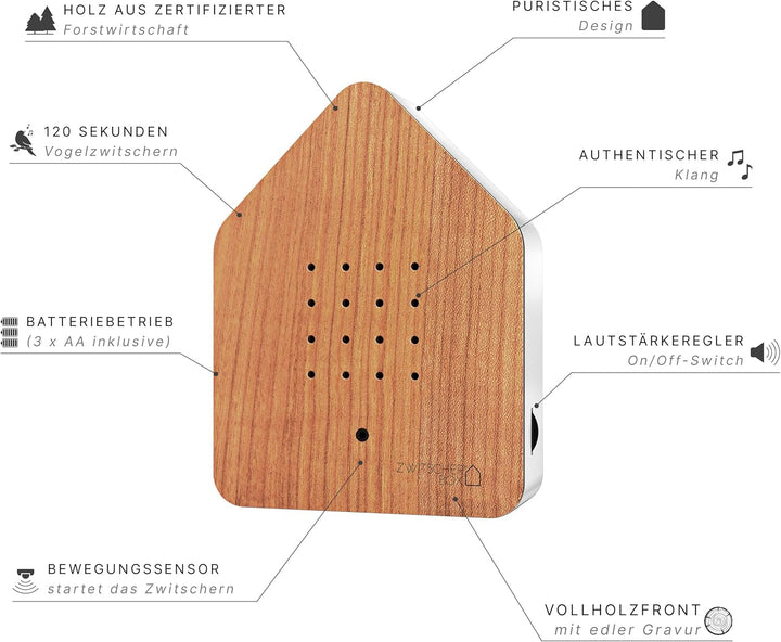 RELAXOUND ORIGINAL Zwitscherbox "Cherry" – Moderne Vogelgezwitscher Box mit Vollholzfront – Entspann