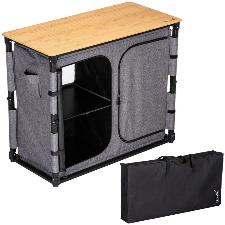 Skandika Campingschrank Triabo |Bambus Arbeitsplatte, Outdoor-Schrank faltbar, 4 Fächer mit festen E
