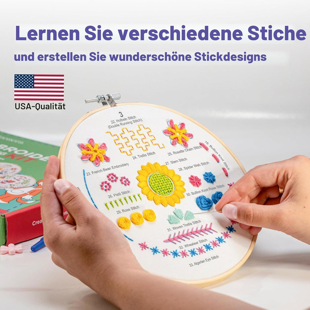 Azenera Stickerei-Lernset für Anfänger – Lernen Sie verschiedene Stiche, einfache Muster mit Videoan