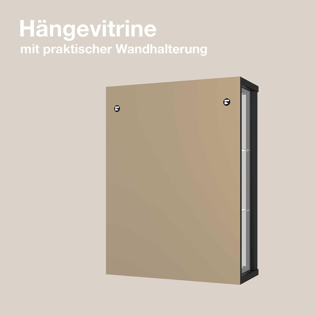 Hängevitrine in Schwarz (80x60x25 cm) mit 2 höhenverstellbaren Glasböden, Spiegel & LED - Modellauto
