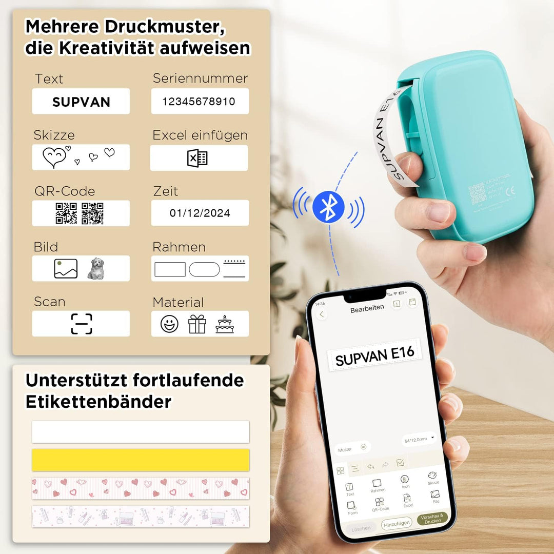 SUPVAN Katasymbol Beschriftungsgerät Selbstklebend - E16 Bluetooth Etikettiergerät, Mini Etikettendr