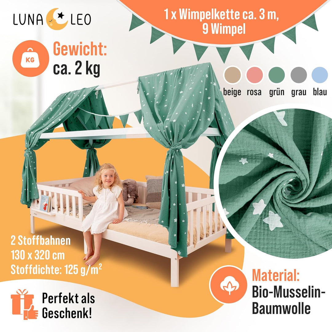 Luna & Leo Hausbett Himmel 3-TLG - mit Sternendruck [Bio Musselin Baumwolle] Handmade | Himmelbett V