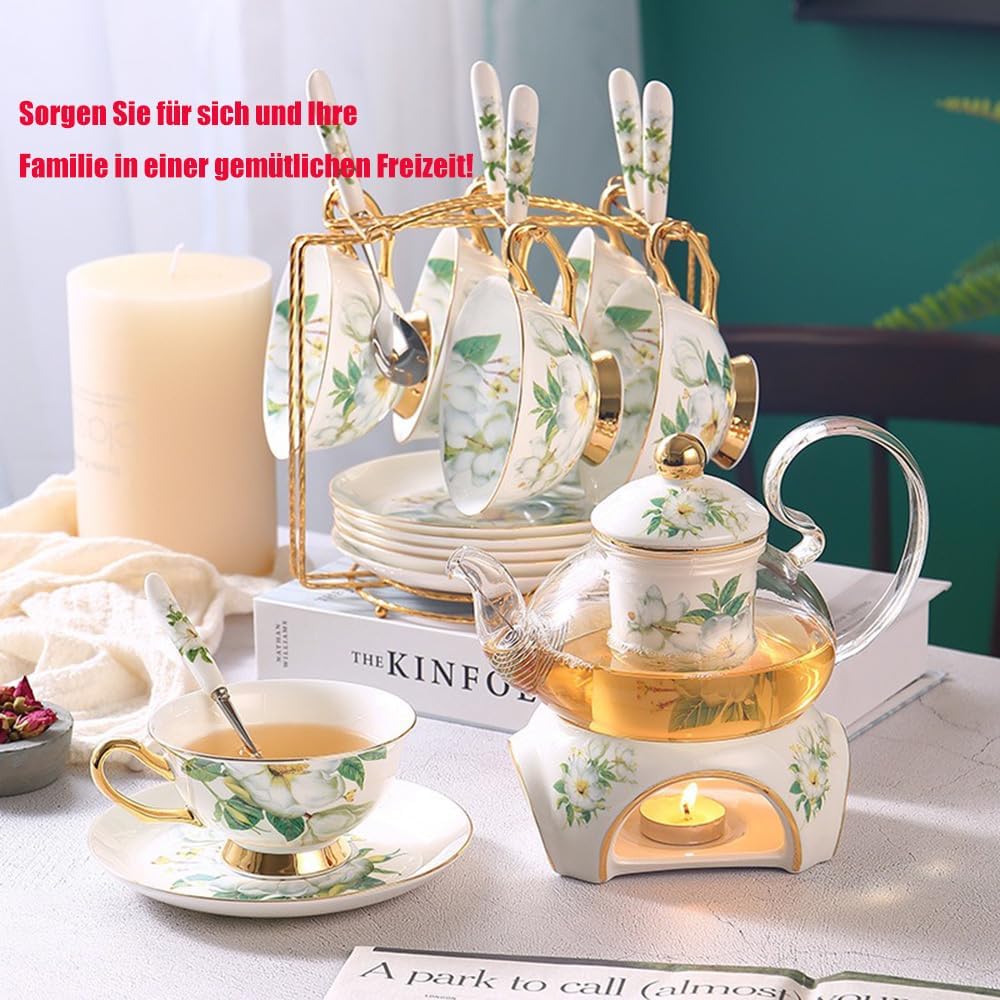 15 Stück Europäischen Blumen Tee Set,Muster Bone China Tee Set Service Kaffee Set, Beheizte Glas Tee
