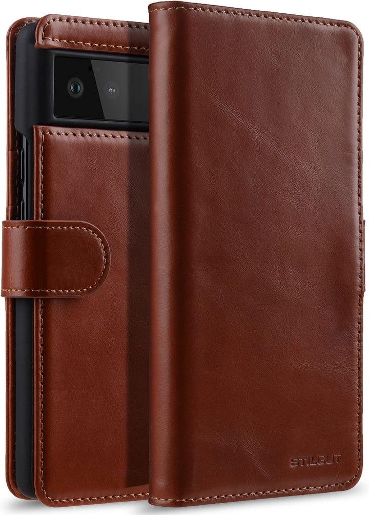 STILGUT Talis kompatibel mit Google Pixel 6 Hülle mit Kartenfach aus Leder, Flip Cover, Wallet Case,