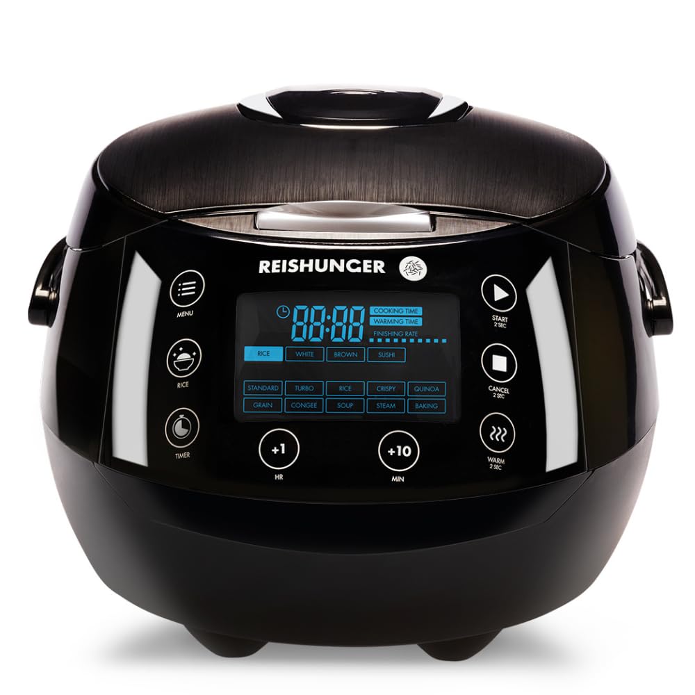 Reishunger Digitaler Reiskocher & Dampfgarer Schwarz + Gratis Kochbuch – Warmhaltefunktion, Timer &