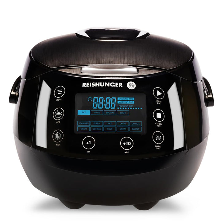 Reishunger Digitaler Reiskocher & Dampfgarer Schwarz + Gratis Kochbuch – Warmhaltefunktion, Timer &
