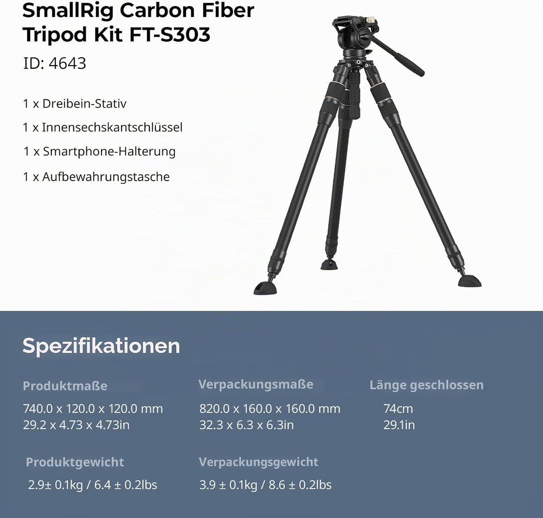 SMALLRIG FT-S303 FreeSpeed Stativ aus Kohlefaser, 59'' Reise-Videostativ mit Höhenverstellung durc