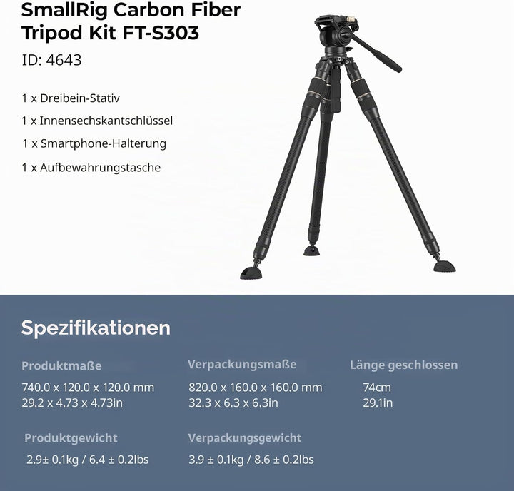 SMALLRIG FT-S303 FreeSpeed Stativ aus Kohlefaser, 59'' Reise-Videostativ mit Höhenverstellung durc