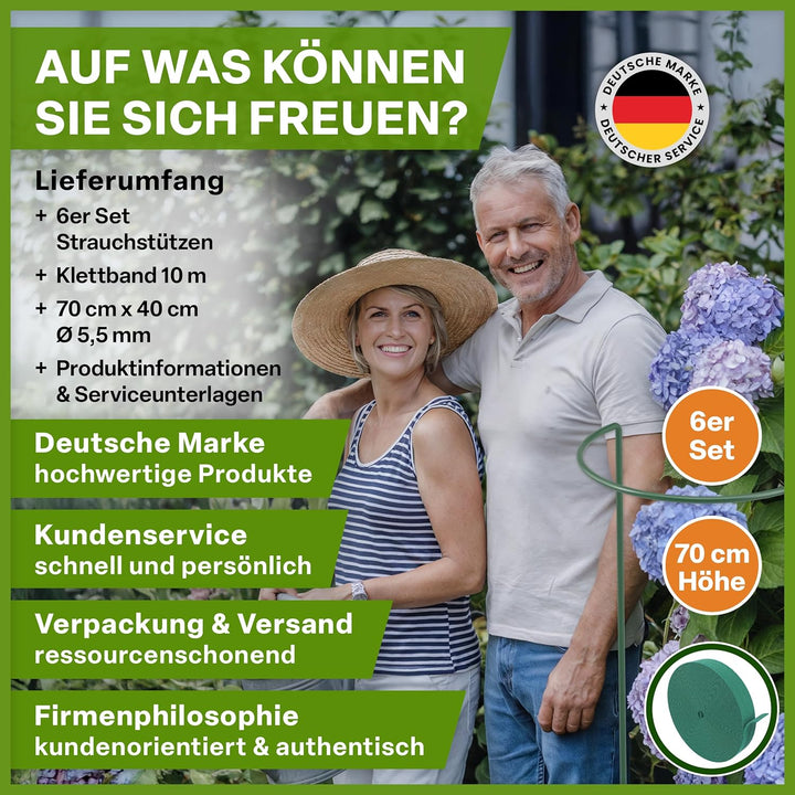 TTL GARDEN Strauchstützen 70cm x 40cm 6er Set + Klettband - Pflanzenstütze Stahl rostfrei Kunststoff