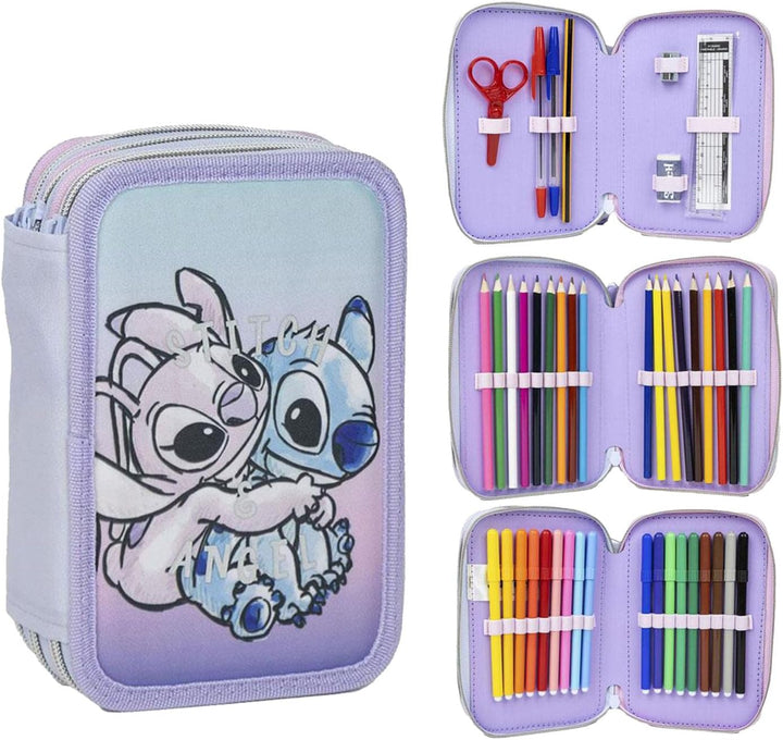 Federmäppchen 3-Fach – 44-teilig gefüllt – für Stitch und Angel Fan – mit Filzstiften, Buntstiften,
