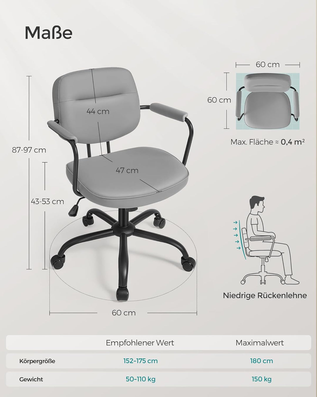 SONGMICS Homeoffice-Stuhl, Schreibtischstuhl, Schminkstuhl, PU, Drehstuhl, ergonomischer Bürostuhl,