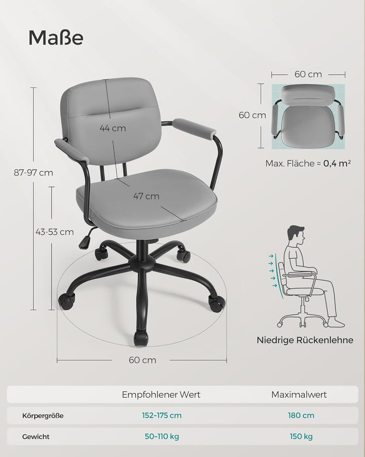 SONGMICS Homeoffice-Stuhl, Schreibtischstuhl, Schminkstuhl, PU, Drehstuhl, ergonomischer Bürostuhl,