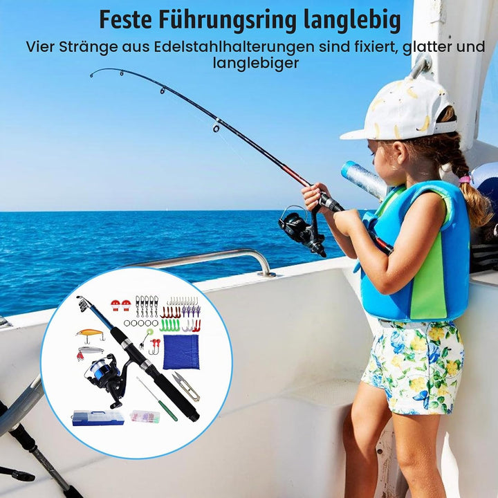 Angelset für Kinder, 1.5m Kinderangel Starter Set mit Angelrolle und Köder, Kohlefaser Teleskop Ange