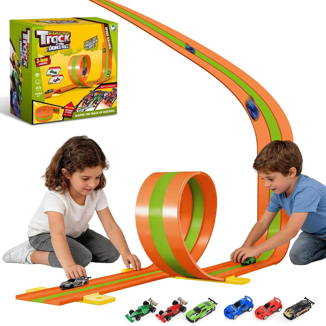 Flexible Autorennbahn,5 m inklusive 6 Autos,Rennstrecke Auto-Autobahn Kinder rollt auf DREI Rennbahn