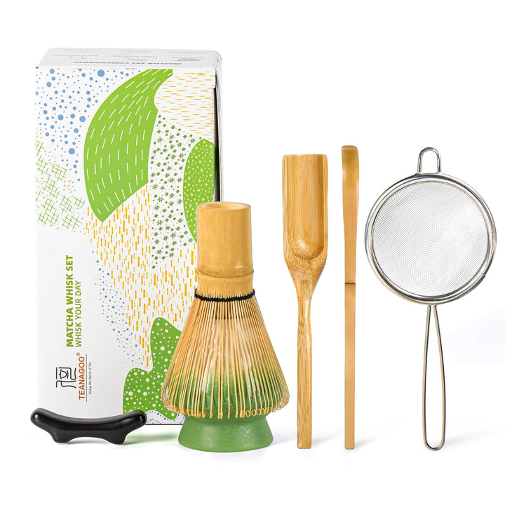 TEANAGOO Matcha Schneebesen Set,Matcha Schneebesen(100 Zinken) mit grünem Halter,6-PCS Traditionelle