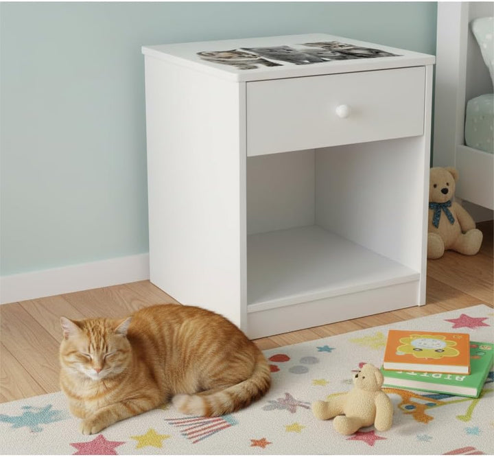Leomark Nachttisch aus Holz - Katzen - Nachtschränkchen mit Schublade, Nachtschrank für Kinder, Weis