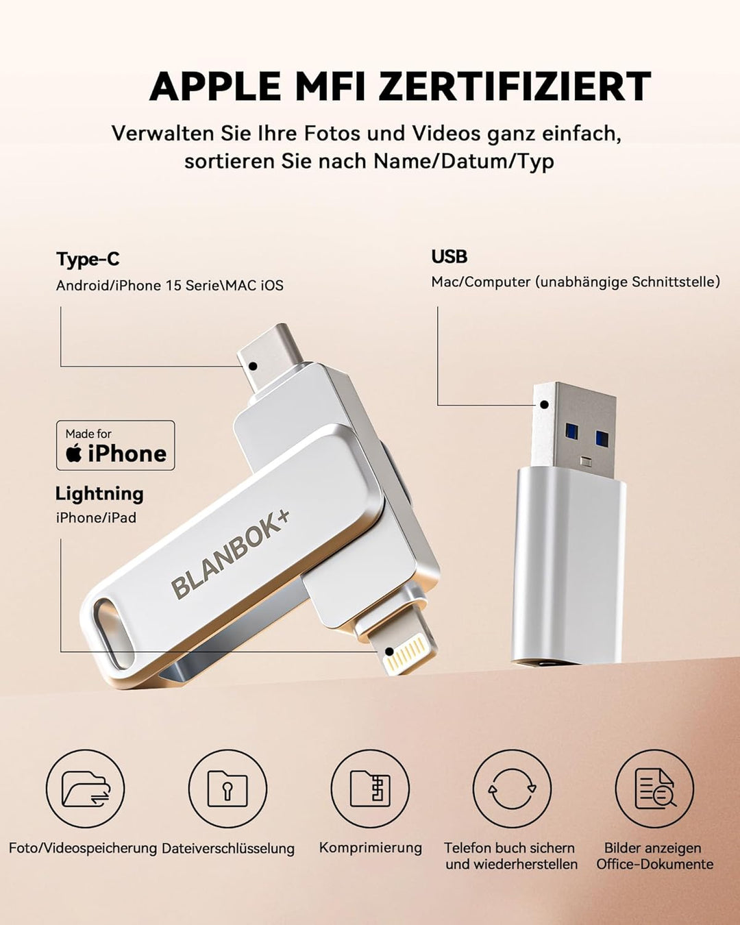 MFi Zertifizierter USB C Stick für iPhone 15, 3 in 1 Memory Stick, Externer Speicher für Lightning/i
