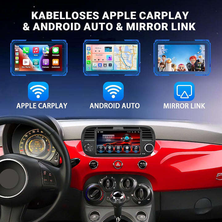 8-Kern 4GB+64GB Autoradio für FIAT 500C 2007–2015, 7" Touchscreen, Navigation GPS, Wireless CarPlay