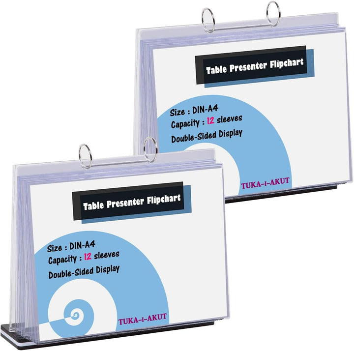 TUKA-i-AKUT 2er A4 Quer Tisch-Flipchart aus Acryl mit Basis, 12 Hüllen je T Form Desktop Flip Chart,