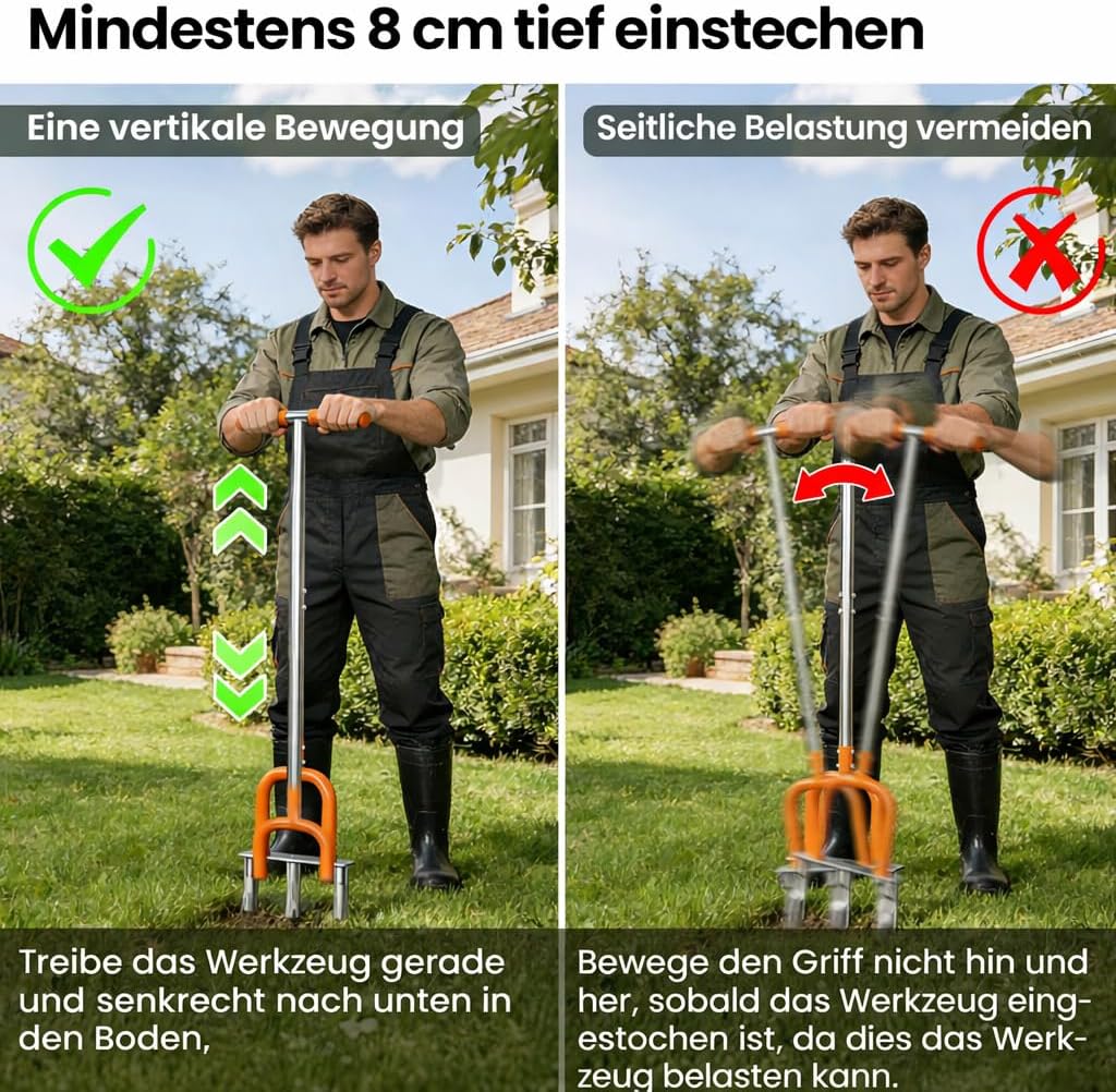 I IHAYNER Aerifizierer für Rasen, Rasenlüfter aus Edelstahl, 3 Zinken Hohlzinken, Gartengerät zum Ra