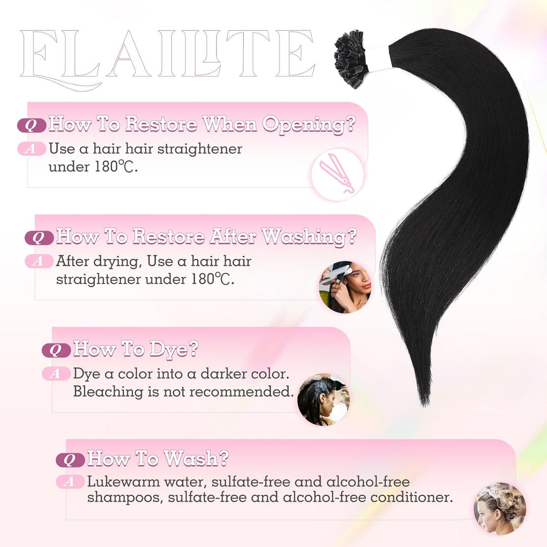 Elailite Bondings Extensions Echthaar Haarverlängerung Schwarz U-tip Keratin Haar Extension Glatt 25