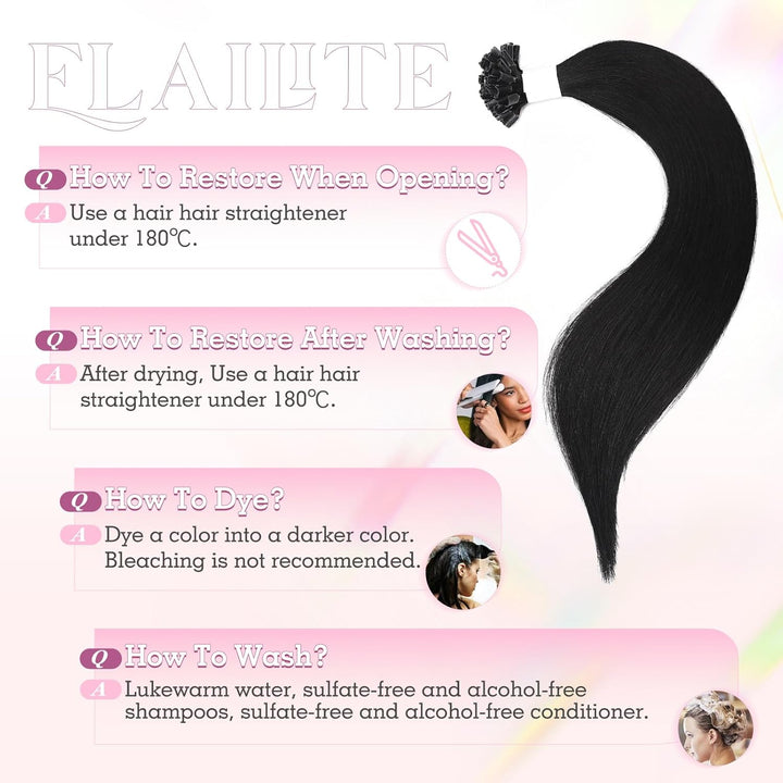 Elailite Bondings Extensions Echthaar Haarverlängerung Schwarz U-tip Keratin Haar Extension Glatt 25