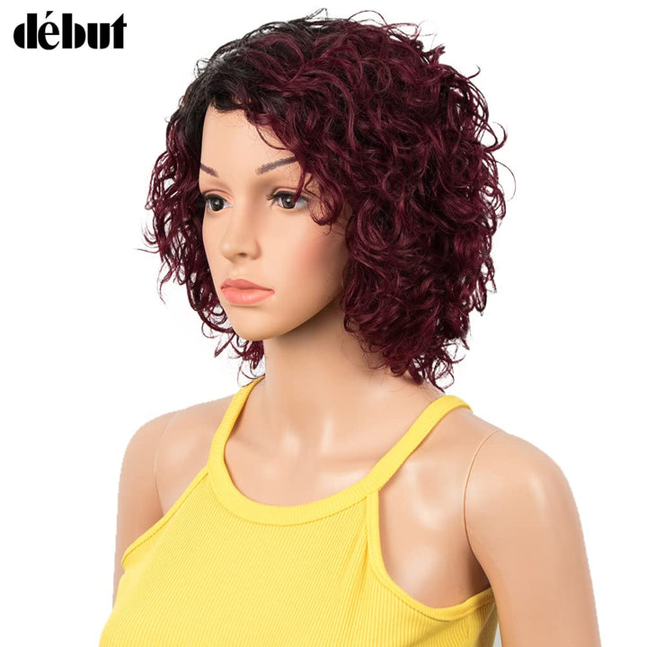DÉBUT Kurze Bob Perücke mit Air Bangs Kurze lockige gewellte Echthaar Bob Perücke für Damen 25 cm 12