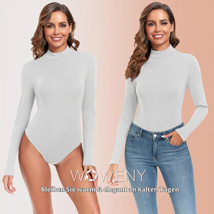 WOWENY Damen Body Langarm mit Stehkragen - Thermo Bodysuit Fleece Oberteile Shirts Rolli Pullover Ro