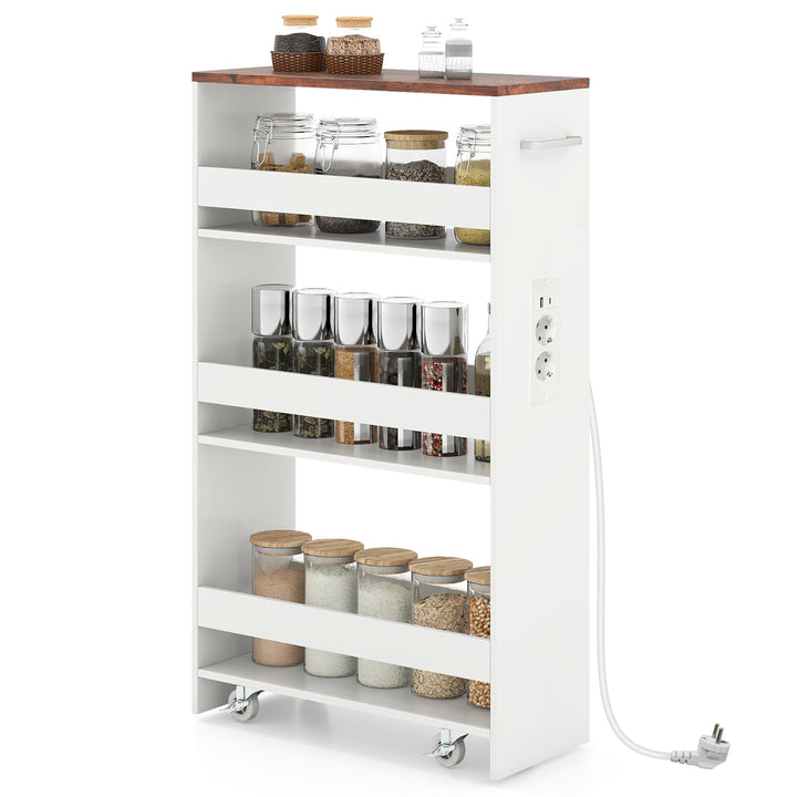 COSTWAY Nischenwagen 20cm breit, 4 Etagen Küchenwagen schmal mit Ladestation, Nischenregal auf Rolle