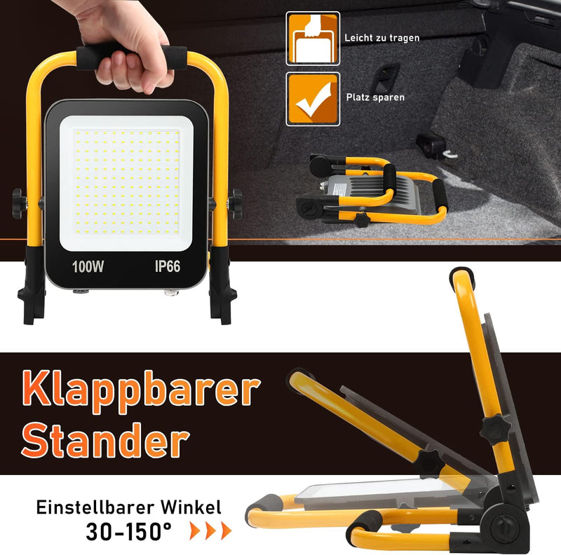 Randaco LED Baustrahler, 100W 10000LM Tragbar LED Arbeitsleuchte Baustrahler 6000K Kaltweiss Bausche