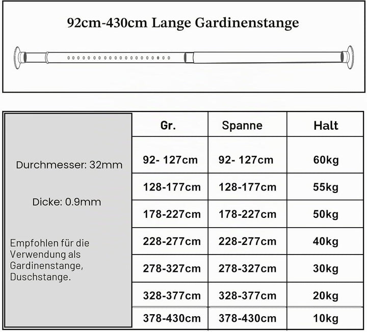 Teleskopstange Ohne Bohren, 328-377cm Ausziehbare Edelstahl Duschvorhangstange für Grosse Fenster/Du
