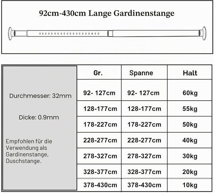 Teleskopstange Ohne Bohren, 378-430cm Ausziehbare Edelstahl Duschvorhangstange für Grosse Fenster/Du