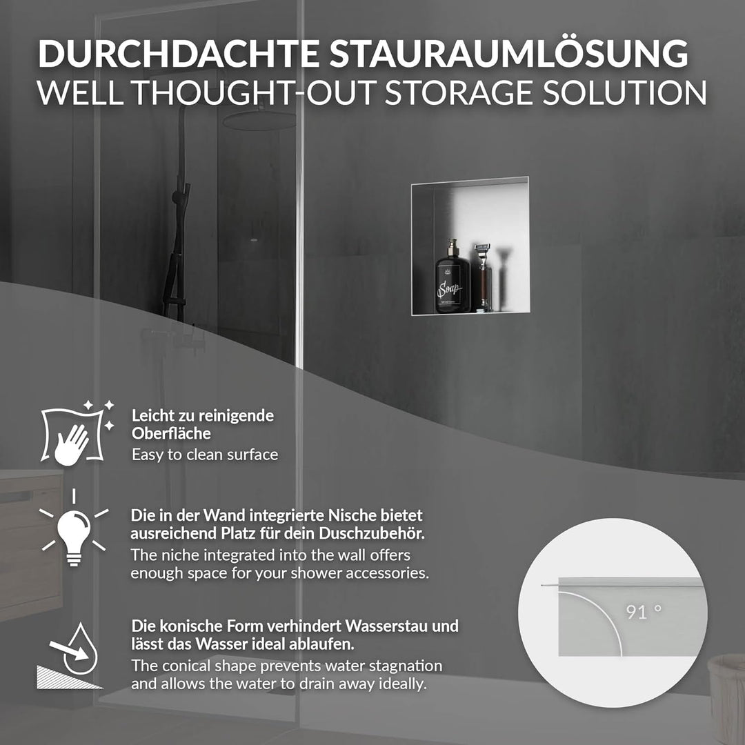 LuxeBath Wandnische aus Edelstahl, 30x30x10 cm, Silber, Duschnische, Randlos, Einbauregal, Flexibler