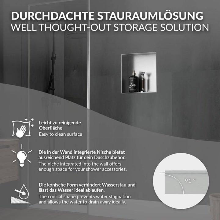 LuxeBath Wandnische aus Edelstahl, 30x30x10 cm, Silber, Duschnische, Randlos, Einbauregal, Flexibler