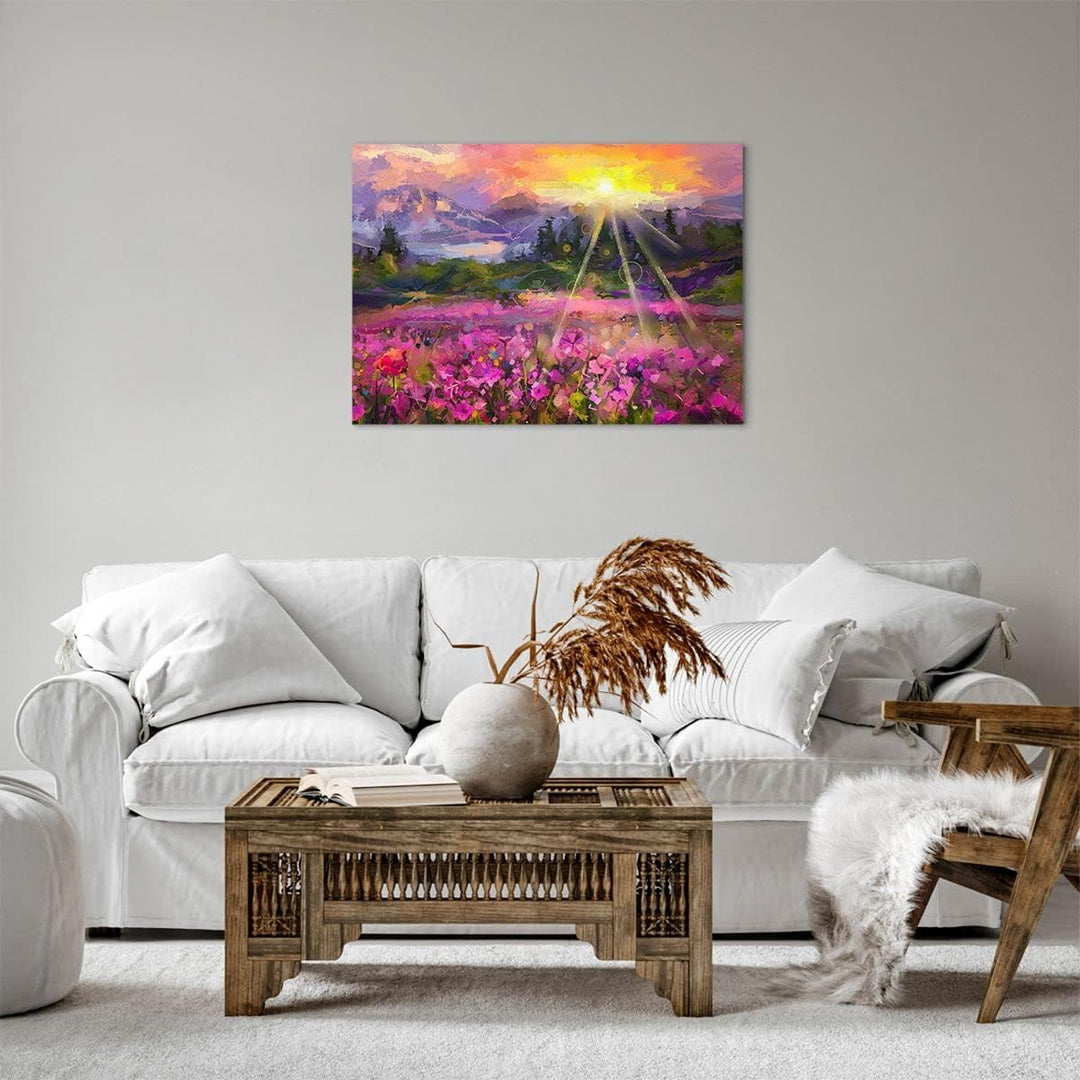 Bilder auf Leinwand Berge Blumen Blumen Leinwandbild mit Rahmen 70x50cm Wandbilder Dekoration Wohnzi