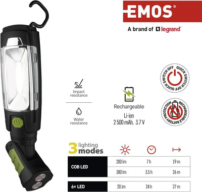 EMOS COB LED Arbeitsleuchte/Werkstattlampe mit Magnet und Haken, 40 Stunden Leuchtdauer, Lichtstrom