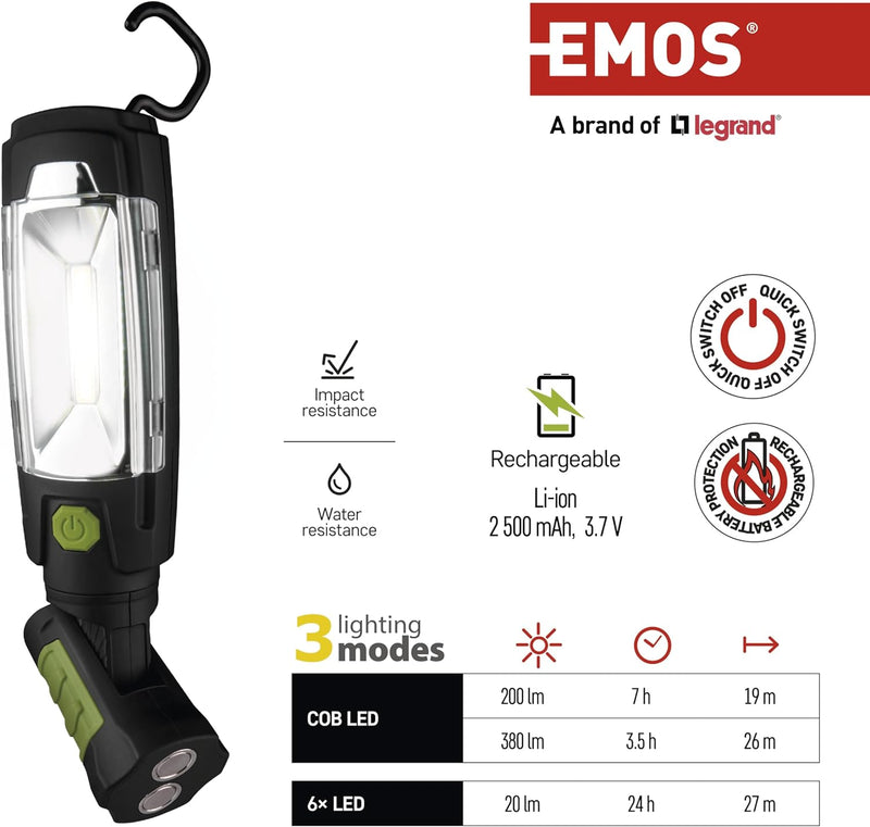 EMOS COB LED Arbeitsleuchte/Werkstattlampe mit Magnet und Haken, 40 Stunden Leuchtdauer, Lichtstrom