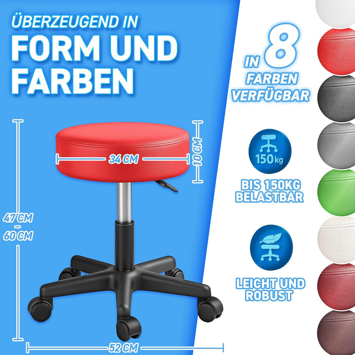 TRESKO® Rollhocker höhenverstellbar 10 cm Dicke Polsterung bis 150 kg | Hocker 47-60cm | Arbeitshock