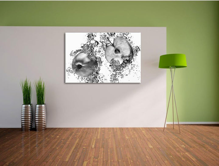 Pixxprint Monocrome, Frische Apfelscheiben im Wasser, Format: 100x70 auf Leinwand, XXL riesige Bilde
