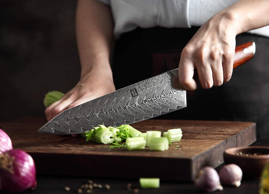 XINZUO 67 Schichten Damaststahl 5er Küchenmesser Set-Rosenholz Griff mit Walnussholz Messerblock Mag