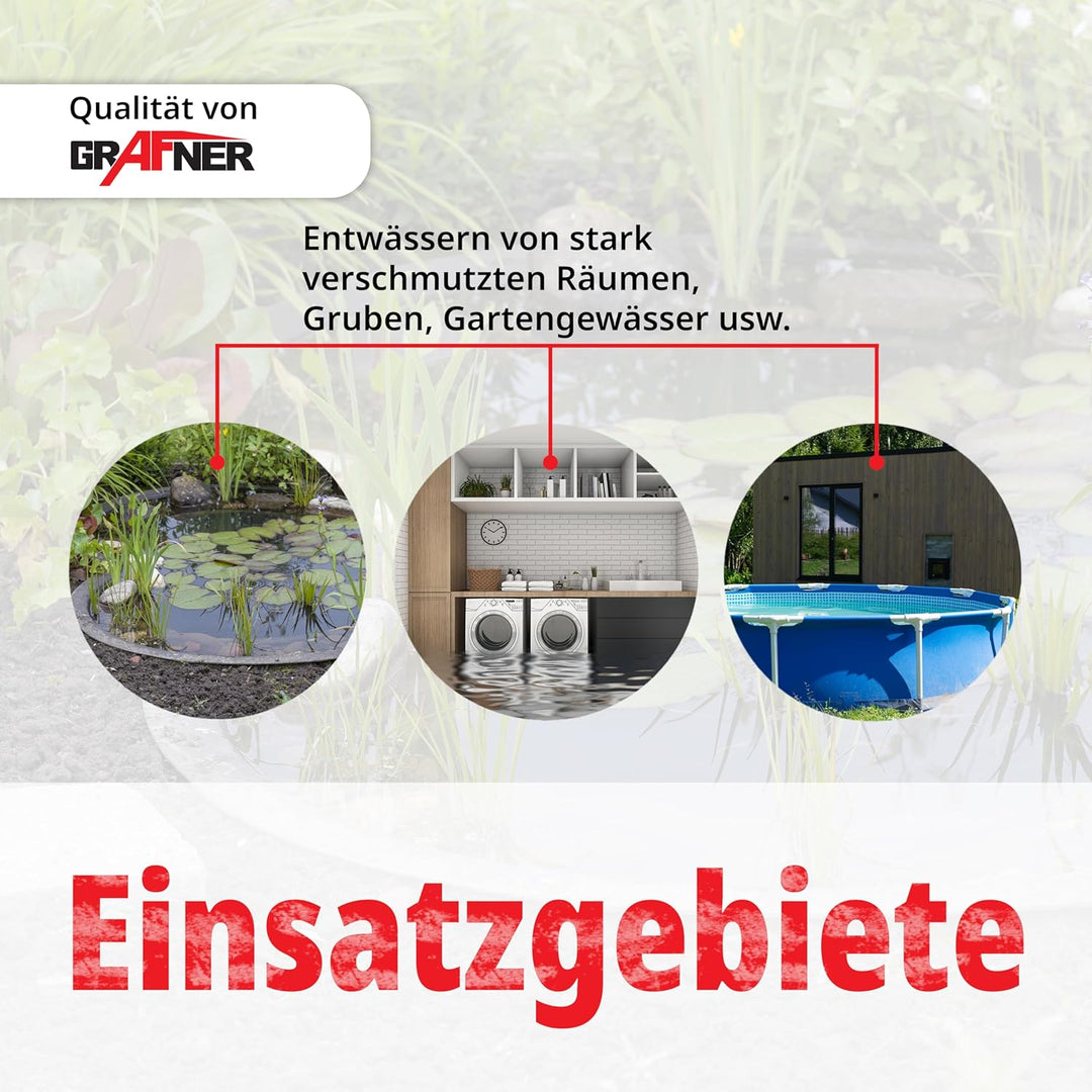 Grafner Schmutzwasserpumpe 400 Watt bis 8000 l/h Förderleistung, Ø25mm Fremdkörper, Schwimmschalter,