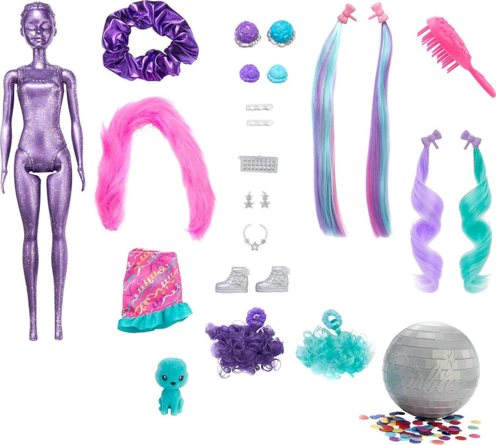 Barbie HBG41 - Color Reveal Balloon Haarwechsel Puppe, Glitzerviolett Spielset mit 25 Überraschungen
