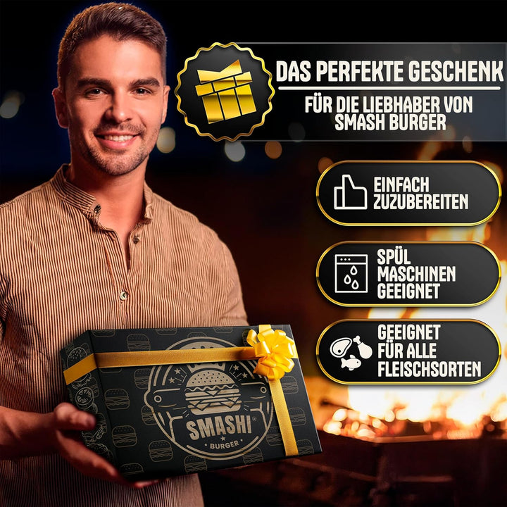 SMASHI® Smash Burger Set mit Holzgriffen – Grillzubehör aus Edelstahl 304 Burgerpresse, Spachteln &