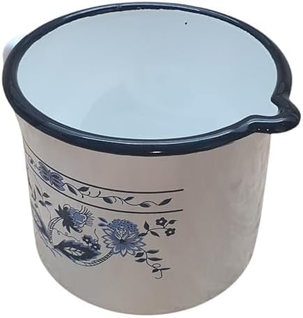 Milchtopf, Emaille, 1 Liter, Weiss mit Blauem Blumenmuster, mit Ausgiesser und Griff, Vintage-Stil