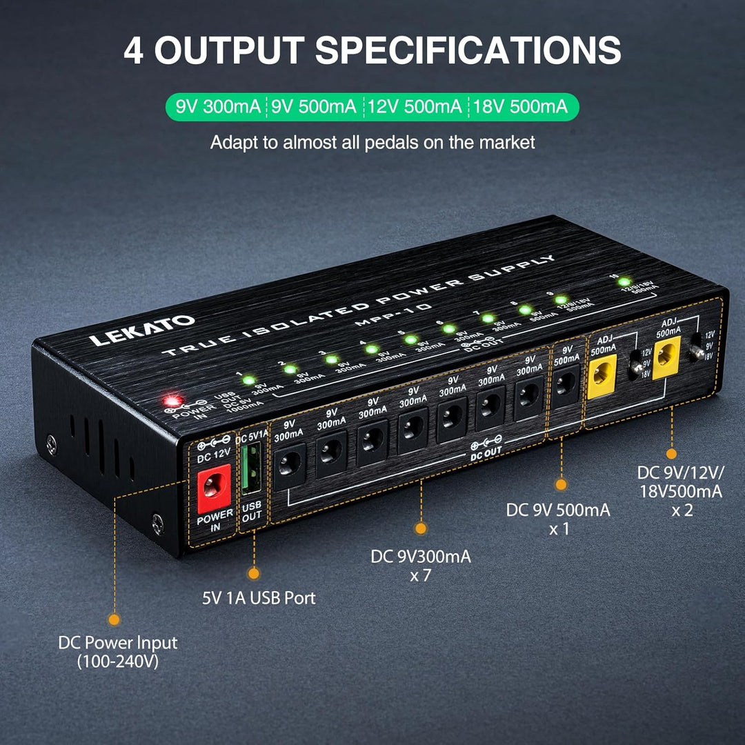 LEKATO Gitarre Pedal Netzteil, 10 Isolierte Ausgang für 9V/12V/18V, Effektpedal-Netzteil für E-Gitar