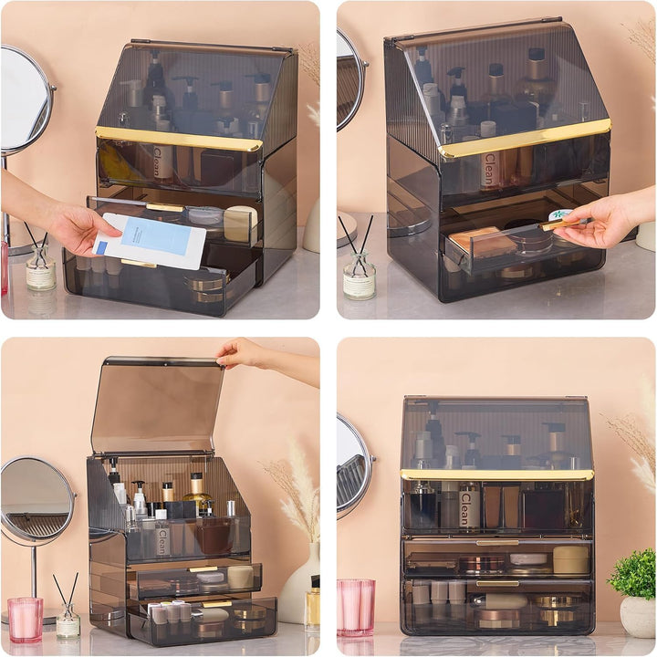 Grosse Make-up-Aufbewahrungsbox, 3-stöckig – Kosmetik-Organizer für die Theke mit Deckel, Schminktis